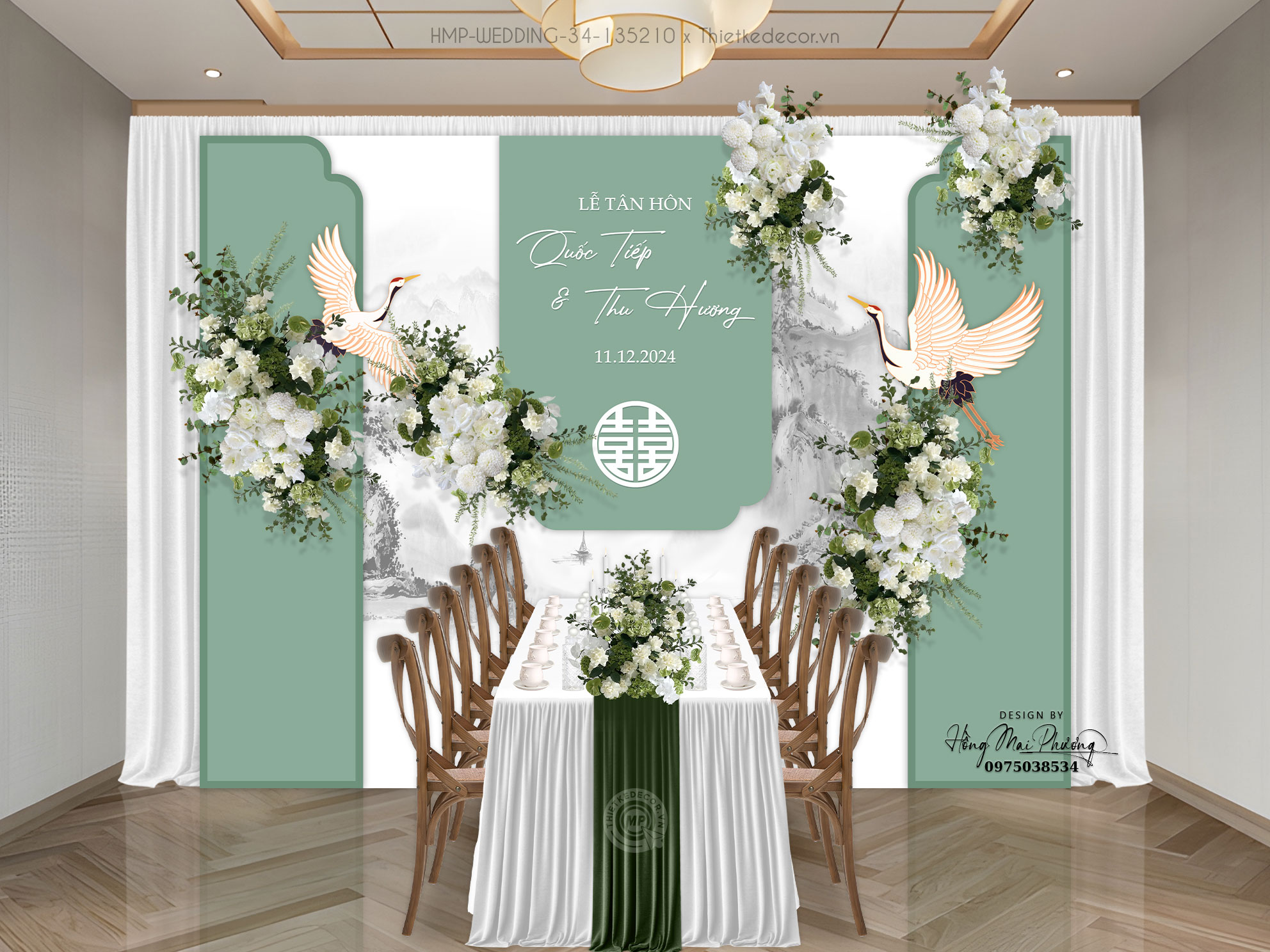 Gia tiên tone trắng xanh nền trang thủy mặc gắn chim hạc